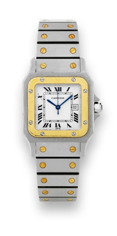 Cartier Steel & Gold Santos.Cartier, Santos, Automatic, case No. 296176016, Ref. 2380. Made in the 1990s..Fine, square, center seconds, self-winding, water-resistant, stainless steel and 18K yellow gold wristwatch with.date and an integrated brushed stain