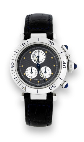 Cartier - Steel - Quartz - Chronograph.Cartier, Chronograph, Pasha de Cartier, Quartz, No. CC 377221, Ref. 1352. Made in the 1990s..Fine, water-resistant, stainless steel quartz wristwatch with round button chronograph, registers, date and a.stainless ste