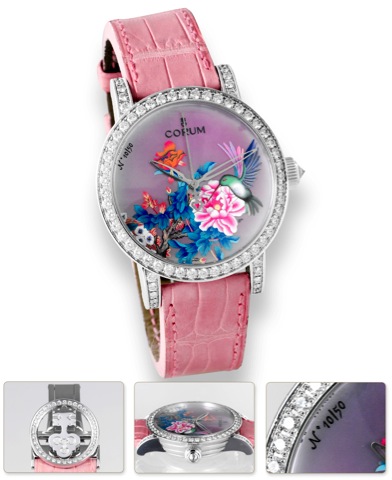 Corum Classical Garden Bird _ Limited Edition with diamonds, unique dial.Corum, Classical Garden Bird, Limited Edition, No. 10/50, case No. 1748087, Ref. 982.102.69. Made in a limited edition of 50.pieces circa 2007..Extremely fine and rare, 18K white gol