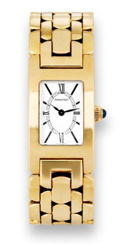 AP Promesse.Audemars Piguet, Promesse, case No. E 11619. Made in.the 2000s..Fine and elegant, rectangular curved, water resistant, 18K.yellow gold lady