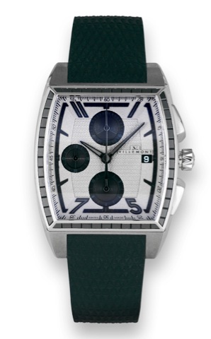 Villemont Aston T _ Black Diamonds.Titanium.Villemont, Aston T, case No. 20635. Made circa 2008..Fine, large, tonneau-shaped and curved, self-winding, waterresistant.titanium and black diamond-set wristwatch with.wedge-shaped button chronograph, registers