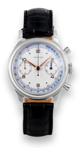 Longines Caliber 30CH FlyBack.Chronograph.Longines, Chronograph, movement No. 8728998, case.No. 6474 7 24. Made in the 1950s..Fine and rare, water resistant, stainless steel wristwatch with.round button fly-back chronograph, register, tachometer and.a sta