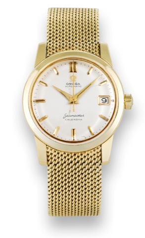 Omega, Seamaster, Calendar.movement no. 17195086, Ref..2849SC-8. Made in the late.1950s..Fine, water-resistant, center-seconds.self-winding, 18K yellow gold wristwatch.with date and an 18K yellow gold.integrated bracelet..To be sold without reserve