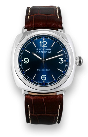 Panerai, PAM 80 Independent.Panerai, Radiomir _ Independent, No. D 009/160, Ref. OP.6551. Made in a limited edition of 160 examples in 2001..Very fine and rare, large, cushion-shaped, water-resistant.dead center-seconds, 18K white gold wristwatch with an 