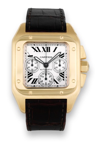 Cartier _ Yellow Gold Santos 100.Chronograph.Cartier, Santos 100, Chronograph, Automatic, case.No. 318234CE, Ref. 2741. Made circa 2008..Fine, square and curved, large and heavy, self-winding, water.resistant, 18K yellow gold wristwatch with square button