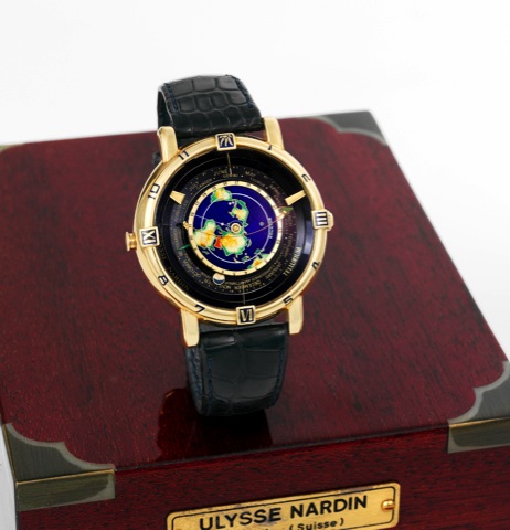Ulysse Nardin Tellurium no. 00.Ulysse Nardin, Tellurium Johannes Kepler, No. 00, Ref. 871-99. Made in a limited edition of 99 examples in 1992..Very rare and unusual, astronomic, water-resistant, two time zone, self-winding, 18K yellow gold wristwatch wit
