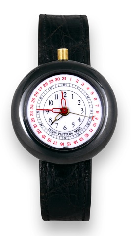 IWC & Louis Vuitton.Ceramic Alarm.Louis Vuitton, Paris, Ceramic Alarm.Ref. 3100, case No. 2415395. Made in.1998..Fine and unusual, ceramic quartz.wristwatch with alarm, date and a goldplated.Louis Vuitton buckle.