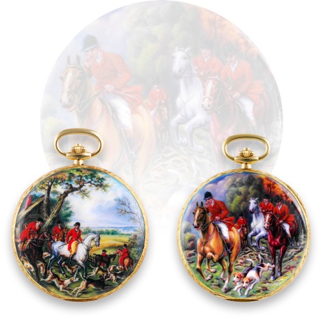 Patek Philippe, Unique Watch with Enamel Miniatures on both sides Chasse a Courr e, le.Debucher et le Bien Aller by Madame Bischoff..Patek Philippe, Gen