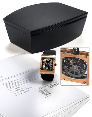 RICHARD MILLE RM016.Richard Mille, RM 016 AJ/RG No. 1584. Made in 2010..Very fine and unusual, slim, rectangular and curved, self-winding, water-resistant, 18K.rose gold wristwatch with date and 18K rose gold and titanium Richard Mille sprung.double deplo