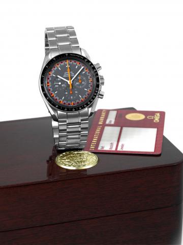Special Japan.Omega, Speedmaster Professional, case No. 77131675.Ref. 3570.40. Made in a numbered edition in 2004 for the.Japanese market..Fine and rare, asymmetric, water-resistant, stainless steel.wristwatch with round button chronograph, registers, bla