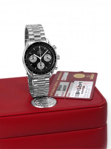 Reduced Japan.Omega, Speedmaster, Automatic, case No. 58420347.Ref. 35105200. Made in 2003 for the Japanese market..Fine and rare, asymmetric, self-winding, water-resistant.stainless steel wristwatch with round button chronograph.12-hour and 30-minute reg
