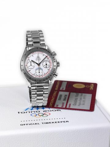 TORINO OLYMPIC Omega, Speedmaster, Automatic, Official Timekeeper of.the XXth Winter Olympic Games _ 2006, Torino, Italy .No. 1742/2006, case No. 59544700, Ref. 35363000. Made.in a limited edition of 2006 examples for the 2006 Olympic.Winter Games..Fine a