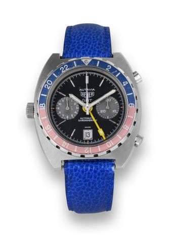 Heuer Steel Autavia GMT.Heuer, Chronograph Autavia, GMT, Automatic.Chronograph, case No. 396385, Ref. 11663. Made circa.1974..Fine, cushion-shaped, water-resistant, self-winding, stainless.steel wristwatch with round button chronograph, registers.date and