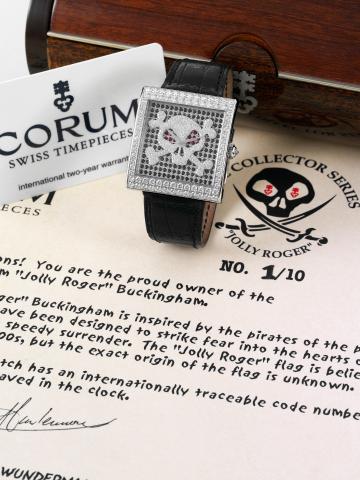 Corum _ White Gold & Diamonds _ Limited Edition Jolly Roger No. 1.Corum, Buckingham Jolly Roger, No. 1, case No. 805391, Ref. 157.201.69. Made in a limited Edition of.10 pieces, circa 2006..Very fine and rare, 18K white gold and black and white diamond-se