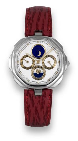 G_rald Genta Maxi Time.G_rald Genta Maxi Time, No. 33336.Ref. G 2902.4. Made in the 1990s..Fine and unusual, water-resistant.stainless steel, quartz wristwatch with.day and date, 24 hour day and night.indication, moon phases and a stainless.steel Genta bu