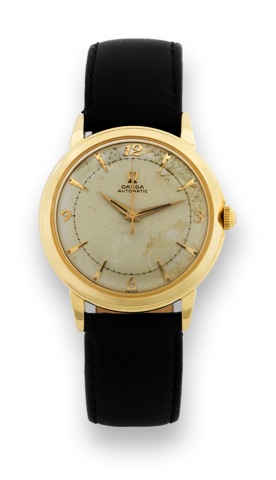 Omega - Yellow Gold Automatic.Omega, Automatic, No. 13734504, case No. W 287792, Ref. G 6525. Made in 1954. F.ine and rare, center seconds, self-winding, water-resistant, 14K yellow gold wristwatch with a gold-plated Omega.buckle..To be sold without reser