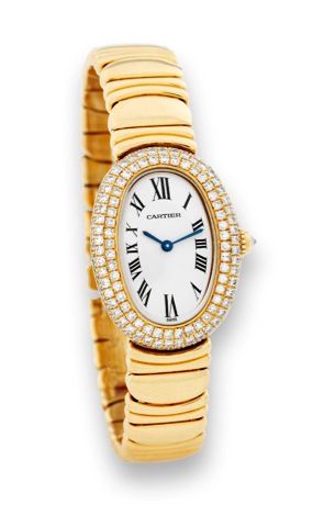 Cartier- Ladys Baignoire.Yellow Gold & Diamonds.Cartier Paris, case No. 8057912, Ref. 2033. Made circa 2004..Very fine and unusual, oval, 18K yellow gold and diamond.lady's quartz wristwatch with an 18K yellow gold Cartier fancy.link bracelet with double 