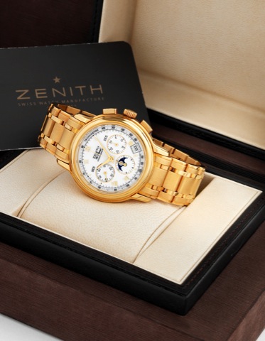 Zenith - Yellow Gold -.Chronomaster El Primero.Zenith, Chronometer, Ref. 60.0240. 410. Made in circa 2000..Fine, astronomic, self-winding, water-resistant, 18K.yellow gold chronometer wristwatch with square button.chronograph, registers, tachometer, moon 