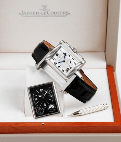 Jaeger Lecoultre - Reverso - Grande GMT.Jaeger LeCoultre, Reverso Grande GMT, 1000 Hours Control.Ref. 240.8.18. Case No. 2459584. Made in 2009..Very fine and rare, rectangular stainless steel, double-dial.dual time zone reversible wristwatch with 8-day po