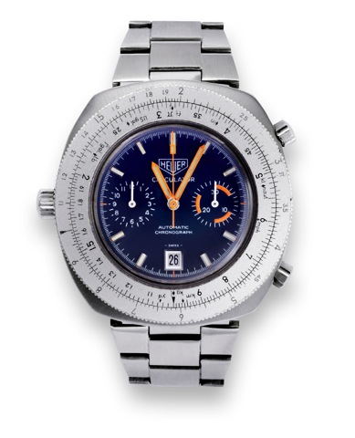 Heuer Calculator, Automatic Chronograph.Heuer, Calculator, Automatic Chronograph, Ref. 110633..Made in the 1970s..Fine and unusual, oversized, tonneau-shaped, water-resistant.self-winding stainless steel left-handed wristwatch with round.button chronograp