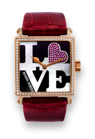 Roger Dubuis Golden Square LOVE.Roger Dubuis, Horloger Genevois, Golden Square.No. 02/28. Made in a limited edition of 28 examples.circa 2008..Very fine, square curved, water-resistant, 18K pink gold.and diamond-set wristwatch with an 18K pink gold and.di