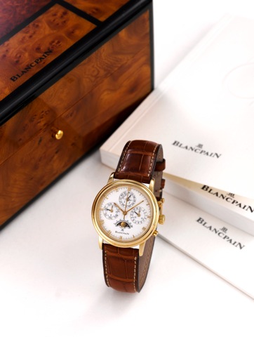 BLANCPAIN YELLOW GOLD CHRONOG RAPHE.CALENDRIER PERPETUEL.Blancpain, Chronograph Perpetual Calendar, case No. 78.Ref. 5585. Made in the 1990s..Fine and rare, astronomic, self-winding, water-resistant, 18K.yellow gold wristwatch with round button chronograp