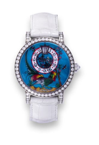 Corum Classical Chinese Pheasant _.limited edition, unique dial.Corum, Artisan Classical Chinese Pheasant, No. 35/50.No. 1724122, Ref. 254.102.59. Made in a limited edition.of 50 pieces, circa 2006..Extremely fine and rare self-winding, jump-hour 18K whit