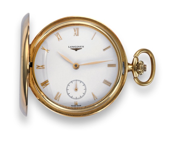 Longines, Swiss, case No. 26040210, Ref. 8026 507..Made circa 1985..Fine, 18K gold, hunting-cased, keyless pocket watch..Accompanied by a pouch..To be sold without reserve