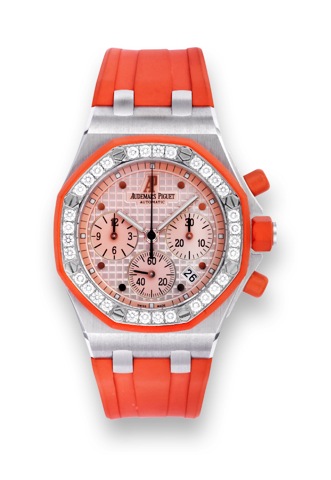 Audemars Piguet 18k Royal Oak Offshore.Lady's Diamonds.Audemars Piguet, Royal Oak, Offshore, Automatic.No. 103, case No. E89925, Ref. 25986. Made circa 2007..Fine, tonneau-shaped, octagonal, self-winding, waterresistant.18K white gold and orange rubber-co