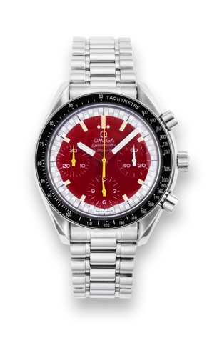 Omega RACING.Omega, Speedmaster, Automatic, case No. 56055788.Ref. 381061. Made circa 1996..Fine, asymmetric, self-winding, water-resistant, stainless.steel wristwatch with round button chronograph, registers.tachometer and a stainless steel Omega bracele