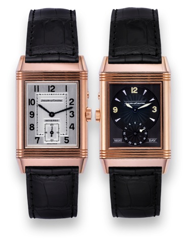 Jaeger-Lecoultre Pink Gold Reverso.Night-Day.Jaeger-LeCoultre, Reverso - Duo Face Night-Day, case.No. 1833768, Ref. 270.2.54. Made circa 2000..Very fine, rectangular, 2 individually adjustable time zones.double-dial, 18K pink gold reversible wristwatch wi