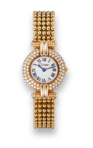 Cartier- Lady 's Yellow Gold & Diamonds.Cartier Paris, Rivoli, case No. 810920755. Made circa 1990..Very fine and unusual, round, 18K yellow gold and diamond.lady's quartz wristwatch with an 18K yellow gold Cartier fancy.beaded bracelet with deployant cla