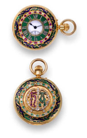 Thistles and Ribbons.Hunt & Roskell, 15 New Bond St., London, No. 12524. The.case by Alfred Stram with London hallmarks for 1869..Very fine, half hunting-cased, keyless, ruby, emerald and rose.diamond-set, 18K yellow gold and enamel pocket watch.made for 