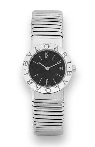 Bulgari, Ref. BB 26 2TS. Made in the 1990s..Fine, water-resistant, stainless steel lady's quartz wristwatch with date and an integrated stainless steel Bulgari.tubogaz bangle bracelet..To be sold without reserve