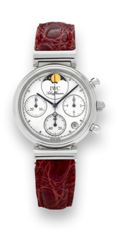 IWC - Steel - Quartz Chrono.International Watch Co., Schaffhausen, case No. 2586836, Ref. 3735. Made circa 2000..Fine, astronomic, water-resistant, stainless steel mid-sized quartz wristwatch with round button.chronograph, registers, moon phases and date.