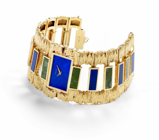 Piaget Yellow Gold, Lapis Lazuli, and Jade Bracelet Watch.Piaget, Movement No. 6900972, Case No. 173830, Ref. 9212D76. Made in 1969..Very fine, rare and exquisite, 18K yellow gold lady