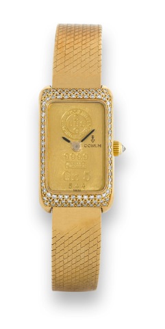 Corum - 5 Gr. Gold Ingot.Corum, Ingot Watch, No. 544, Ref. 14300. Made circa 1980..Lady's rectangular 18K yellow gold and diamond wristwatch made of a 5 gram 999.9 gold.ingot with an 18K yellow gold Corum mesh bracelet.