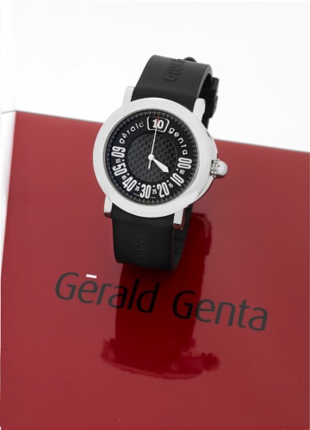 Gerald Genta Steel Retro Sport.G_rald Genta, Retro Sport, case No. 110422, Ref. RSP.L.10..Made in the late 1990s..Fine, jump-hour, center-seconds, self-winding, water-resistant.stainless steel wristwatch with retrograde minutes and a.black rubber strap wi