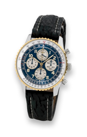 Breitling Navitimer.Breitling, 1884, Navitimer, case No. 0001, Ref. D33030..Made in the 1990s..Fine, self-winding, water-resistant, stainless steel and yellow.gold wristwatch with round button chronograph, registers.date, slide rule and a stainless steel 