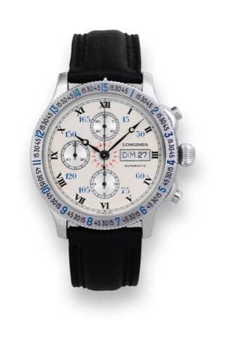 Longines Steel Lindbergh Chronograph.Longines, Lindbergh Hour Angle Chronograph, Automatic, case No. 6745232, Ref. 47623. Sold on May 17th, 2003..Fine, water resistant, self-winding, hour angle, stainless steel wristwatch with round button chronograph.reg