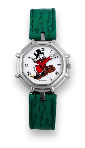 G_rald Genta, Stainless Steel, Walt Disney _ Paperon dei Paperoni..Gerald Genta, case No. 63699, Ref. G.2850.7. Made in the 1990s..Fine and unusual, octagonal, water resistant, stainless steel lady's quartz wristwatch with a G_rald Genta buckle..Accompani