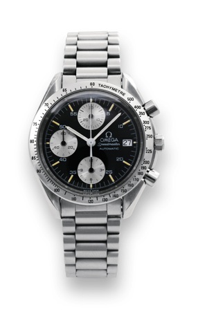 Omega, Speedmaster, Automatic, case No. 53507699. Made in the 1990s..Fine, asymmetric, self-winding, water-resistant, stainless steel wristwatch with round button chronograph.registers, tachometer, date and a stainless steel Omega link bracelet with deplo