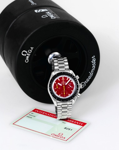 Racing.Omega, Speedmaster, Automatic, case No. 55329582.Ref. 381061. Made circa 1996..Fine, asymmetric, self-winding, water-resistant, stainless.steel wristwatch with round button chronograph, registers.tachometer and a stainless steel Omega bracelet with