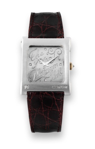 Corum, The Platinum Club, No. 019, case No..331686, Ref. 28110. Made in the 1990s.Fine, square, platinum and diamond wristwatch.