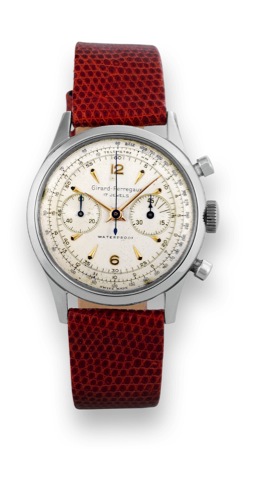 Girard Perregaux Steel Chrono.Girard Perregaux, case No. 65580116, Ref. 919228. Made in the 1960s..Fine water-resistant stainless steel wristwatch with round button chronograph, register, tachometer and telemeter..Accompanied by a Girard Perregaux box.