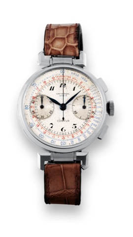 Universal, Geneve, Compur, case No. 585745. Made in the 1930s..Fine, enversteel wristwatch with square button chronograph, register, telemeter, tachometer and a stainless steel.deployant clasp.