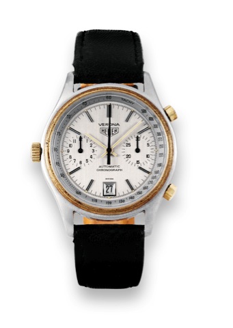 Heuer, Verona, Automatic Chronograph.case No. 378141, Ref. 110.215. Made circa 1979..Fine, water-resistant, stainless steel and yellow gold.wristwatch with round button chronograph, registers.tachometer and date.