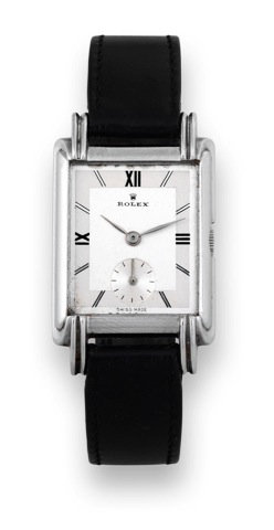 Rolex Ref. 4513 Steel.Rolex, case No. 455630, Ref. 4513. Made in the 1940s..Fine and rare, rectangular, stainless steel wristwatch with a stainless steel Rolex buckle..To be sold without reserve