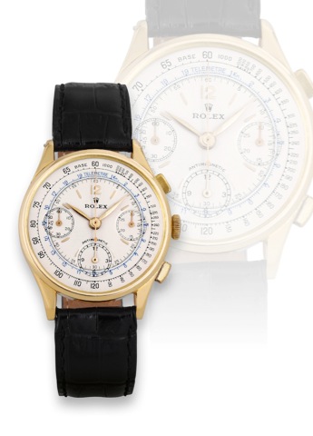 Rolex, Yellow Gold Ref. 3330.Rolex, Chronograph, Antimagnetic, case No. 47982, Ref. 3330. Made in the 1940s..Very fine and rare, 18K yellow gold wristwatch with square button chronograph, registers, tachometer and telemeter scales.with an 18K yellow gold 