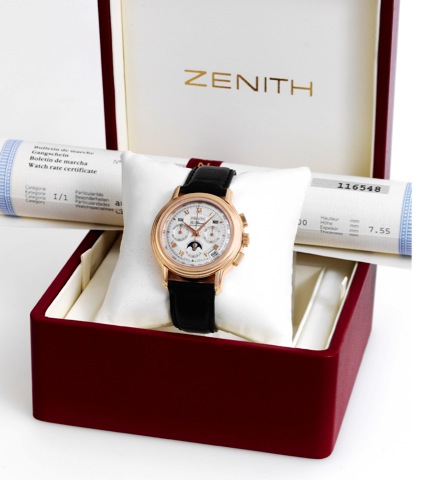Zenith Pink Gold El Primero.ChronoMaster.Zenith, El Primero, Chronometre, Ref. 17.0240. 410..Made in the late 1990s..Very fine, self-winding, water-resistant, 18K pink gold.wristwatch with square button chronograph, registers.tachometer, moon phases, trip